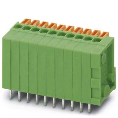 Ein grün und orange gefärbter elektrischer Verbinder mit Metallstiften, für Leiterplatten konzipiert, vor einem einfarbigen Hintergrund abgebildet.