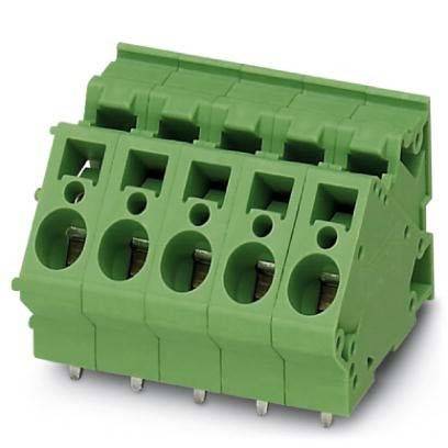 Ein grüner, gewinkelte Anschlussklemmenblock mit fünf Anschlusspunkten, für die Leiterplattenmontage konzipiert, der in elektrischen Verkabelungs- und Schaltungsanwendungen verwendet wird.