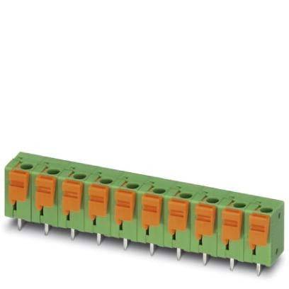 Ein grüner Terminalblock-Verbinder mit acht orangefarbenen Hebel-Schlitzen, der zum Anschluss elektrischer Schaltkreise verwendet wird.