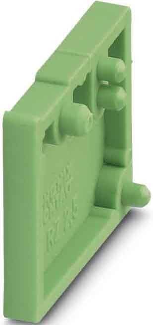 Ein grüner Plastikbaustein mit einer Aussparung und einem Stift, der einem Spielzeugbauteil ähnelt, schräg präsentiert.