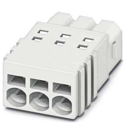 Ein weißer Multi-Pin-Elektroanschluss mit drei größeren kreisförmigen Öffnungen an einem Ende und rechteckigen, belüftungsähnlichen Schlitzen an der Oberseite.