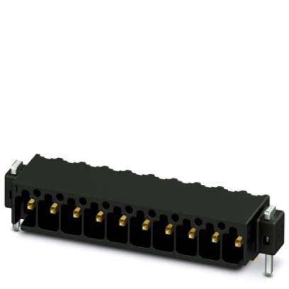 Ein schwarzer Mehrfach-Elektronikverbinder mit zehn Anschlüssen in einer Reihe, konzipiert für die Montage auf einer Leiterplatte.
