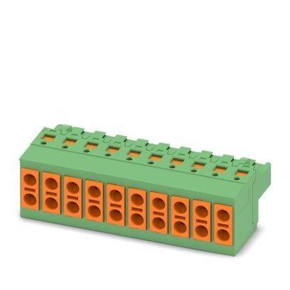 Grüner steckbarer Klemmenblock mit zehn orangefarbenen Schraubverbindungsanschlüssen, gezeigt auf weißem Hintergrund.