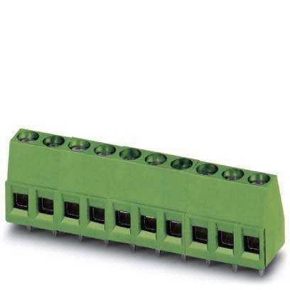 Ein grüner Terminalblock mit acht Anschlusspunkten, entwickelt für elektrische Verkabelung, mit sichtbaren Metallkontakten an der Unterseite.