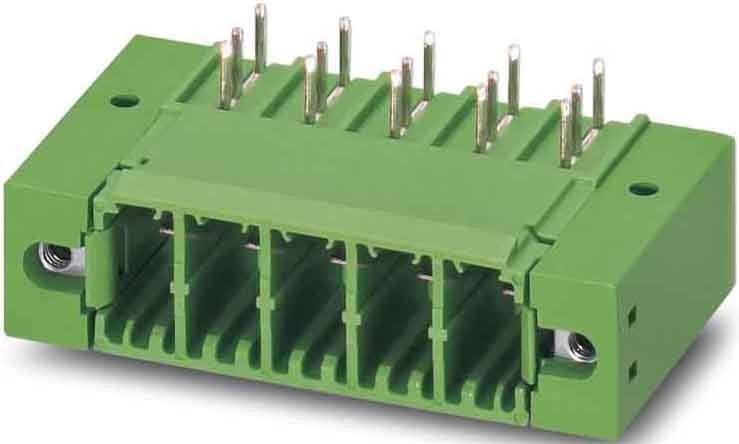 Grüner elektrischer Anschlussblock mit mehreren Steckplätzen und Metallstiften oben, verwendet für Schaltkreisverbindungen.