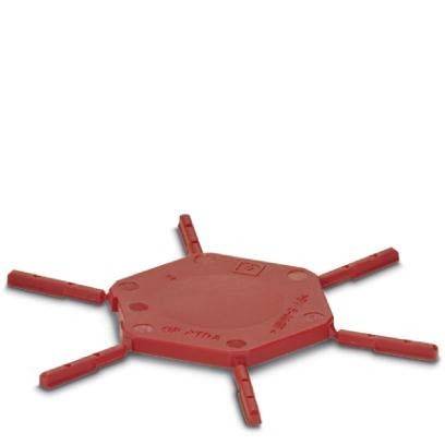 Ein rotes, sechseckiges Plastikbauteil mit sechs hervorstehenden Laschen, flach auf einem weißen Hintergrund liegend.