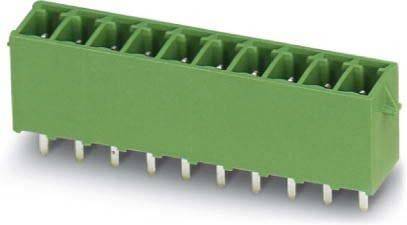 Ein grüner Terminal-Blockverbinder mit mehreren Pins, der für elektrische Verbindungen verwendet wird, vor einem einfarbigen Hintergrund.