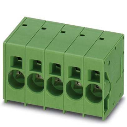 Ein grüner modularer Klemmblock mit fünf Eingangssteckplätzen, der für elektrische Verbindungen verwendet wird.