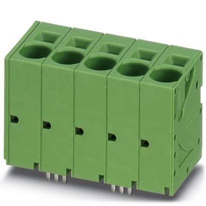 Grüner modularer Klemmenblock mit fünf Steckplätzen für elektrische Verkabelung, mit Anschlusspunkten oben und Metallstiften darunter.
