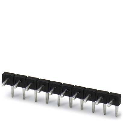 Eine Reihe von schwarzen elektronischen Stiftleisten mit Metallstiften, die zum Verbinden von Komponenten auf einer Leiterplatte verwendet werden.