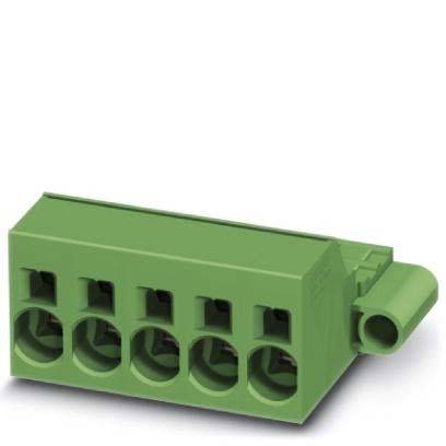 Ein grüner sechspoliger PCB-Terminalblock mit seitlichem Drahteingang und einem Klemmmechanismus für elektrische Verbindungen.