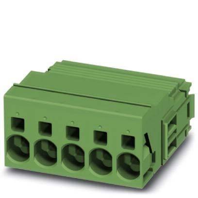 Grüner Anschlussblock mit fünf Löchern für Kabel, der in elektrischen oder elektronischen Anwendungen verwendet wird.