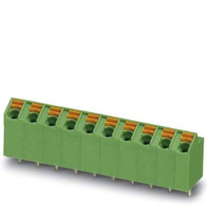 Grüner Terminalblock-Verbinder mit acht Positionen, ausgestattet mit orangefarbenen Push-in-Klemmen für elektrische Verbindungen.