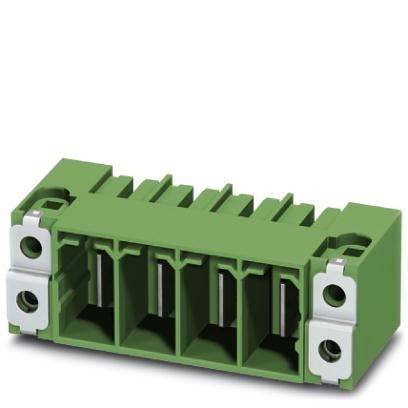 Ein grüner Terminalblock mit mehreren Anschlusspunkten und Befestigungslöchern, verwendet für elektrische Verdrahtung.