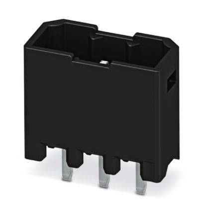 Eine schwarze Kunststoff-Rechteckbuchse mit drei Metallstiften, die von unten herausragen, wahrscheinlich für elektronische Verbindungen verwendet.