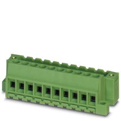 Ein grüner Klemmenblock mit acht Anschlusspunkten für elektrische Verkabelung.
