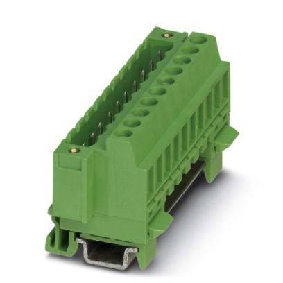 Ein grüner elektronischer Anschluss mit mehreren Ports und Montagebügel, der zum Verbinden elektrischer Kabel verwendet wird.