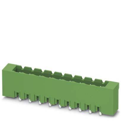 Ein grüner rechteckiger Anschlussblock mit mehreren Kontaktstiften, der zum Anschließen von elektrischen Leitungen auf einer Leiterplatte verwendet wird.