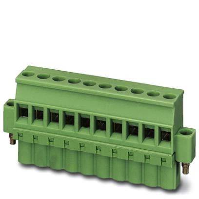 Grüner Terminalblock-Anschluss mit acht Schraubenklemmen, verwendet für elektrische Verbindungen in Leiterplatten oder Schaltschränken.