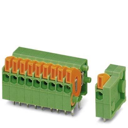Grüner elektrischer Anschlussklemmenblock mit orangefarbenen Hebeln, dargestellt mit einem abgetrennten Abschnitt, für sichere Drahtverbindungen in elektrischen Installationen.