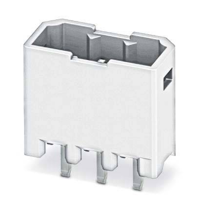 Ein weißer Kunststoff-Elektroverbinder mit vier Metallstiften, der für Anschlüsse an elektronischen Leiterplatten konzipiert ist.