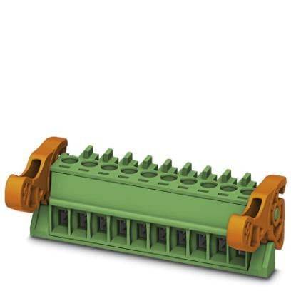 Ein grüner elektrischer Anschlussblock mit mehreren Anschlusspunkten und orangefarbenen Verriegelungsmechanismen an beiden Seiten.