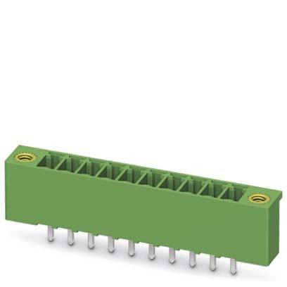 Ein grüner elektronischer Anschluss mit 10 Steckplätzen und Metallstiften, der für Leiterplattenanschlüsse verwendet wird, auf weißem Hintergrund dargestellt.