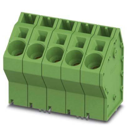 Ein grüner Verbindungsblock mit fünf Anschlüssen, Seitenansicht im schrägen Winkel, mit individuellen Fächern und gesicherten Verbindungen, verwendet für elektrische Verkabelung.