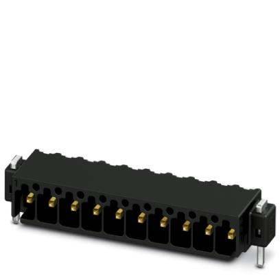 Ein schwarzer rechteckiger elektronischer Steckverbinder mit mehreren Goldkontakten und einer Befestigungshalterung an jedem Ende.