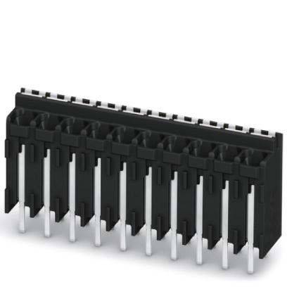 Ein elektronischer Anschluss mit mehreren schwarzen Pins, die vertikal angeordnet sind und zum Anbringen von Leiterplatten oder elektronischen Komponenten verwendet wird.