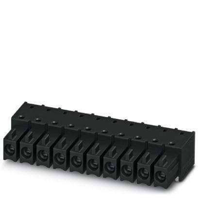 Ein schwarzer Terminal-Block mit zehn Anschlusspunkten, der für elektrische Verdrahtung verwendet wird und in einem Winkel dargestellt ist, um seine Vorder- und Oberseite zu zeigen.