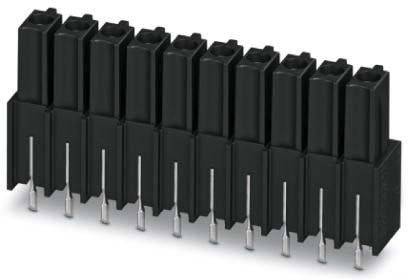 Schwarzer elektronischer Stiftleisten-Stecker mit mehreren vertikalen Metallstiften, die von unten hervorstehen und für elektrische Verbindungen verwendet werden.
