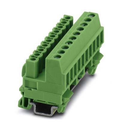 Ein grüner Terminal-Block mit mehreren Anschlusspunkten, der für die Montage auf einer Hutschiene ausgelegt ist und für elektrische Verkabelung und Verbindungen verwendet wird.