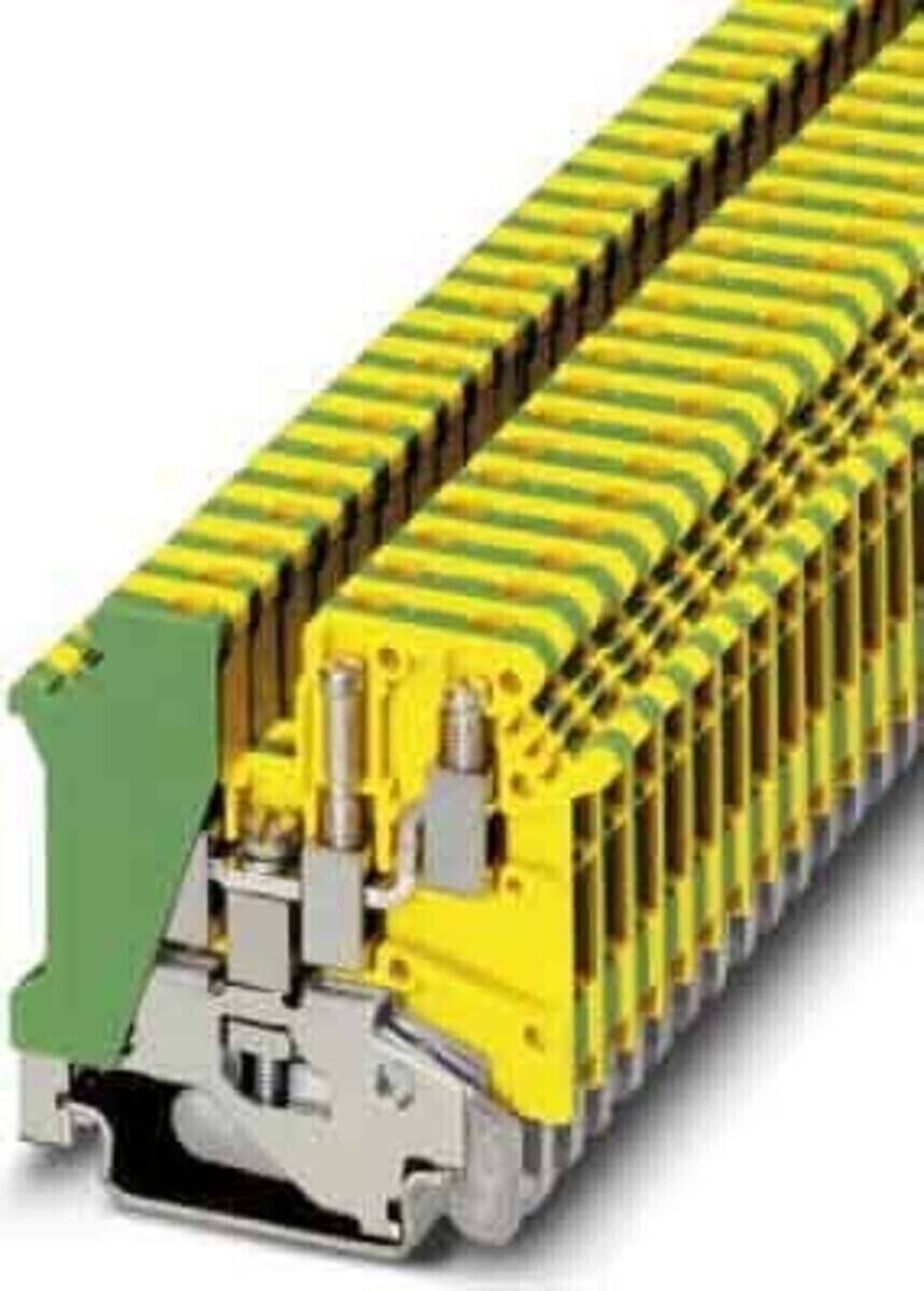 Nahaufnahme eines gestapelten modularen Systems mit abwechselnd grünen und gelben Einheiten, versehen mit Metallkomponenten und Anschlüssen an den Seiten.