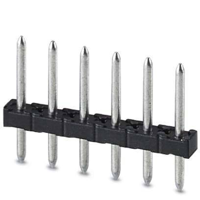 Eine Nahaufnahme eines schwarzen und silbernen Steckverbinders mit sechs Pins, der in elektronischen Leiterplatten verwendet wird, um Komponenten zu verbinden.