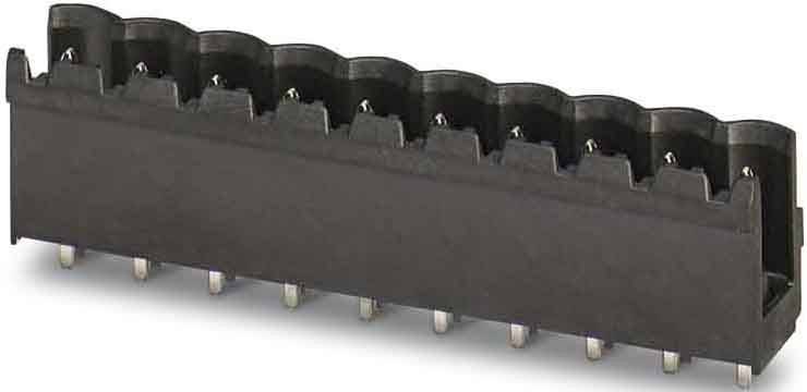 Nahaufnahme einer schwarzen elektronischen Komponente mit mehreren Metallstiften an der Unterseite zur Verbindung mit einer Leiterplatte.