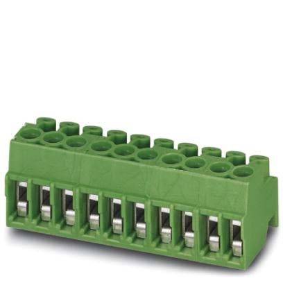 Ein grüner Terminalblock-Stecker mit Schraubklemmen für Verdrahtungsverbindungen in elektrischen und elektronischen Geräten.