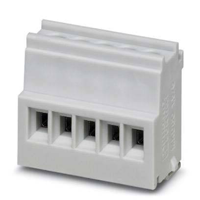 Ein weißer Terminalblock mit fünf Anschlusspunkten für elektrische Leitungen wird dargestellt.