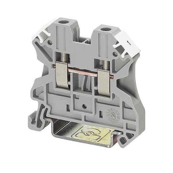 Ein grauer elektrischer Anschlussklemmenblock mit Metallverbindern und beschrifteten Abschnitten für Verkabelung, verwendet zum Befestigen von elektrischen Leitungen.