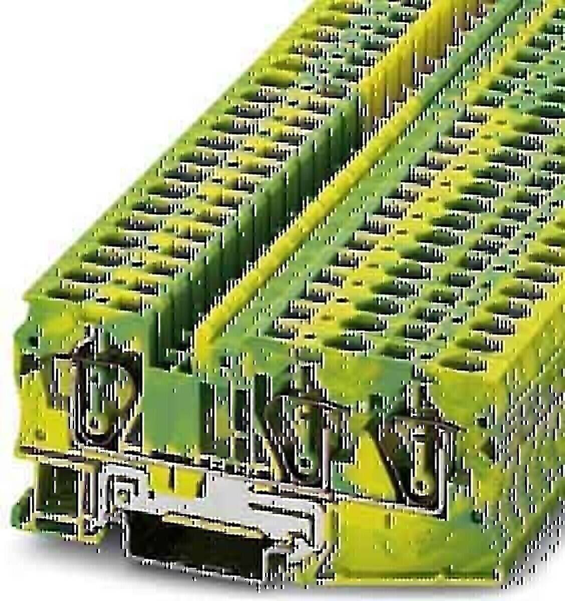 Ein grüner und gelber Anschlussblock mit mehreren Anschlüssen für elektrische Leitungen, ausgestattet mit Befestigungshardware an der Basis.