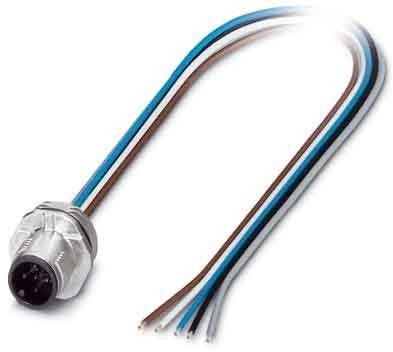 Ein silberner kreisförmiger Verbinder mit vier farbigen Kabeln (blau, braun, weiß, schwarz), der für elektrische Verbindungen verwendet wird.