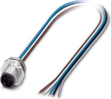 Ein Metallverbinder mit fünf farbigen Kabeln (blau, braun, weiß, schwarz und grau), die nach außen abstehen und eine Verwendung in elektrischen Installationen nahelegen.