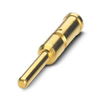 Vergoldeter zylindrischer Metallsteckerstift mit vorstehendem Kontakt auf weißem Hintergrund.
