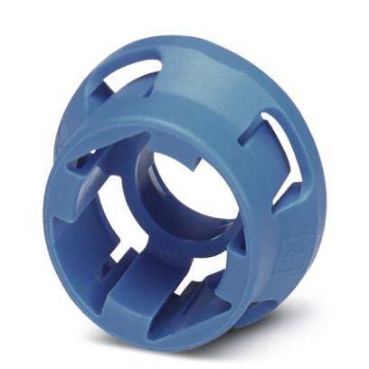 Ein blauer PVC-Rohrabstandshalter mit mehreren Schlitzen, entwickelt zum Ausrichten von Rohren in Sanitär- und Bauanwendungen.