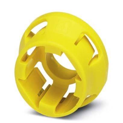 Ein gelber Plastik-Fingergreifer, der beim Öffnen von Schraubverschlüssen oder Gläsern hilft und ein kreisförmiges Design mit mehreren Aussparungen aufweist.