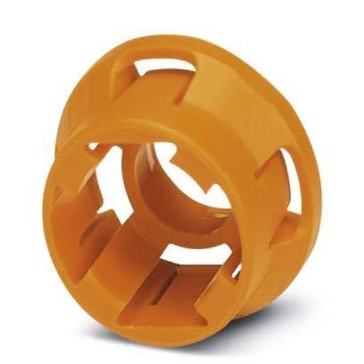 Orangefarbener Kunststoffteil mit kreisförmiger Gestalt und mehreren Ausschnitten, der einem Zahnrad oder einer Spule ähnelt, möglicherweise für den Einsatz in Maschinen oder im Baugewerbe verwendet.