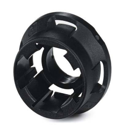 Eine schwarze Kunststoffkomponente mit zylindrischer Form, die mehrere Öffnungen und Rillen zur Befestigung oder Montage in mechanischen Baugruppen aufweist.