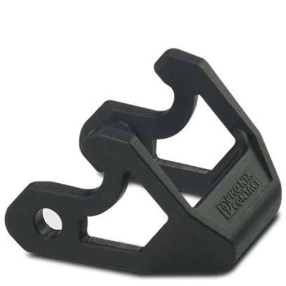 Ein schwarzer Gummiflaschenkäfig-Adapter für Fahrräder mit einer ergonomischen, eckigen Gestaltung und einem kleinen Loch zur Befestigung am Fahrradrahmen.