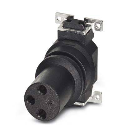 Ein schwarzer, zylindrischer, drei-poliger elektrischer Stecker mit Metallbefestigungslaschen, der vor einem weißen Hintergrund dargestellt ist.