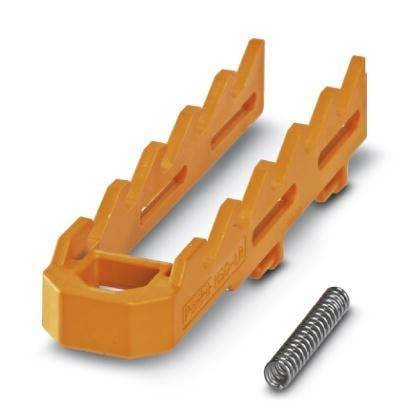 Ein orangefarbenes Plastikbauteil mit gezacktem Design und einer begleitenden Metallfeder, höchstwahrscheinlich ein Werkzeug oder eine Komponente für ein mechanisches oder elektronisches System.